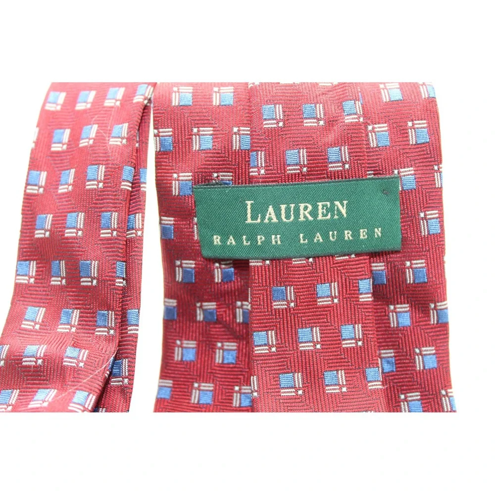 Lauren Ralph Lauren Mens Red Geometric Square Silk Necktie Hand Finished USA‎